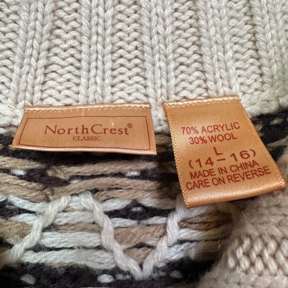 NorthCrest Wool Blend Nordic Fair Isle Brown Cottagecore Wool Mix Sweater Large - Picture 2 of 5